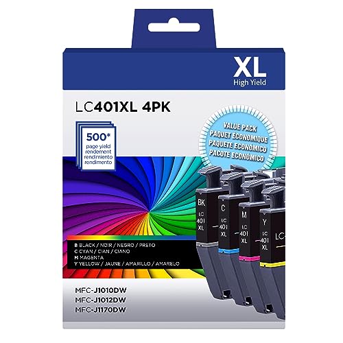 LC401 Ink Cartridges Compatible for Brother LC401XL LC401 High Yield Work with Brother MFC-J1010DW MFC-J1012DW MFC-J1170DW Printer (1 Black, 1 Cyan, 1 Magenta, 1 Yellow, 4 XL Pack)