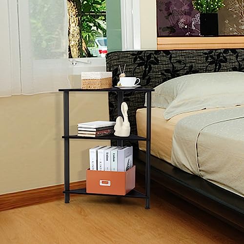 Fogein 3 Tier Corner Shelf, Triangle End/Side Table, Corner Nightstand, Corner Bookshelf with Metal Frame Corner Shelf Stand for Small Space Living Room(Black)