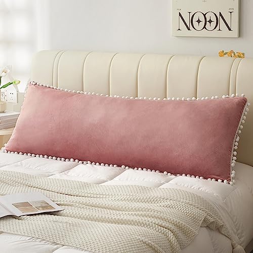 LIFEREVO Pom-poms Velvet Bed Body Pillow Cover, Long Fuzzy Body Pillow Pillowcase Cover 20x54, Boho Tassel Microfiber Full Bed Pillowcase for Kids Girls Teen Women Adults, Zipper Closure, Old Pink