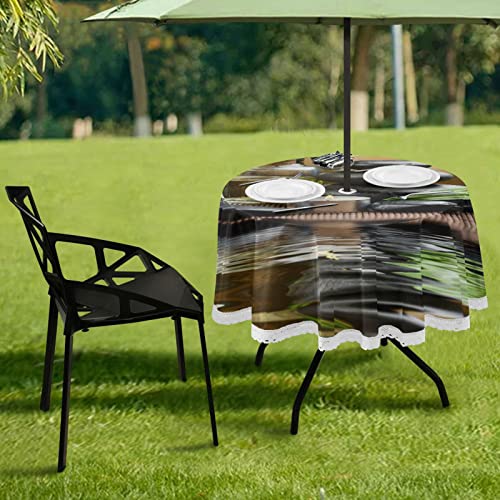 Kigai Zen Basalt Stones on Wood 60 Inch Round Tablecloth with Zipper Umbrella Hole Washable Spillproof Table Cloth Decorative for Picnic,Camping,Indoor and Outdoor