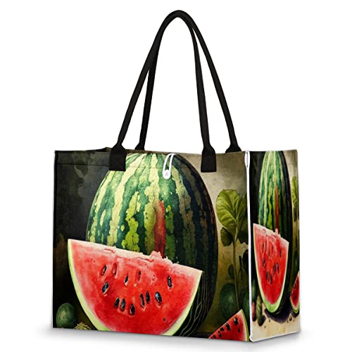 cfpolar Watermelon Reusable Grocery Shopping Bag with Hard Bottom, VVQVQV Large Foldable Multipurpose Heavy Duty Tote with Zipper Pockets, Sustainable, Durable and Eco Friendly, Beach Bag