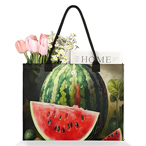 cfpolar Watermelon Reusable Grocery Shopping Bag with Hard Bottom, VVQVQV Large Foldable Multipurpose Heavy Duty Tote with Zipper Pockets, Sustainable, Durable and Eco Friendly, Beach Bag