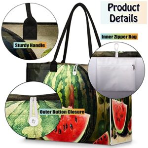 cfpolar Watermelon Reusable Grocery Shopping Bag with Hard Bottom, VVQVQV Large Foldable Multipurpose Heavy Duty Tote with Zipper Pockets, Sustainable, Durable and Eco Friendly, Beach Bag