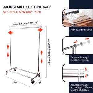 FSUON 450LBS Clothing Garment Rack, Extendable Single Rod Clothes Rack with Wheels & Base, Heavy Duty