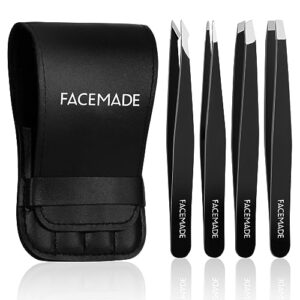 facemade 4 pack tweezers set - professional stainless steel for men and women, precision eyebrow facial hair, chin, ingrown hair removal (black) (t4)
