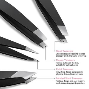 FACEMADE 4 Pack Tweezers Set - Professional Stainless Steel for Men and Women, Precision Eyebrow Facial Hair, Chin, Ingrown Hair Removal (Black) (T4)