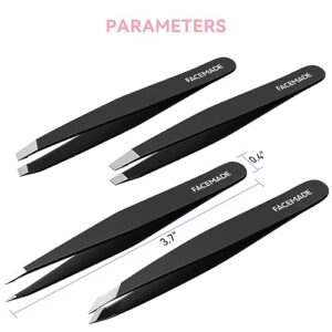 FACEMADE 4 Pack Tweezers Set - Professional Stainless Steel for Men and Women, Precision Eyebrow Facial Hair, Chin, Ingrown Hair Removal (Black) (T4)