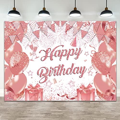 Wollmix Rose Gold Happy Birthday Decorations for Women Banner Backdrop 7x5ft Party Sweet 16 Girls Balloons Glitter Dots Photography Background Supplies Photo Booth Studio Cake Table