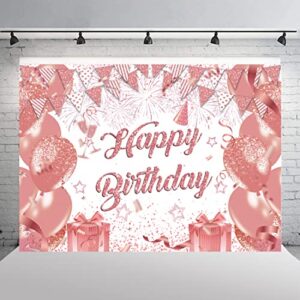 Wollmix Rose Gold Happy Birthday Decorations for Women Banner Backdrop 7x5ft Party Sweet 16 Girls Balloons Glitter Dots Photography Background Supplies Photo Booth Studio Cake Table