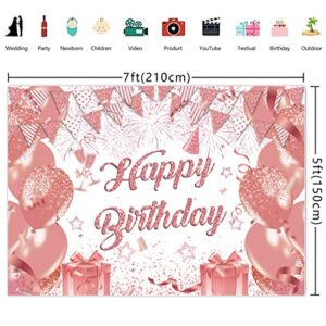 Wollmix Rose Gold Happy Birthday Decorations for Women Banner Backdrop 7x5ft Party Sweet 16 Girls Balloons Glitter Dots Photography Background Supplies Photo Booth Studio Cake Table