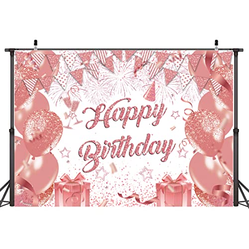 Wollmix Rose Gold Happy Birthday Decorations for Women Banner Backdrop 7x5ft Party Sweet 16 Girls Balloons Glitter Dots Photography Background Supplies Photo Booth Studio Cake Table