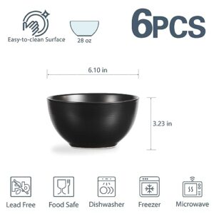 ONEMORE Cereal Bowls Set of 6, 28 oz Large Soup Bowls for Kitchen 6 inch Ceramic Salad Bowls Microwave Dishwasher Safe Deep Serving Bowl Set for Salad Dessert Rice, Black