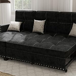 Ucloveria Reversible Sectional Sofa Couch, Sleeper Sofa Bed with Storage Chaise Pull Out Couch Bed for Living Room L-Shape Lounge 2 in 1 Sectional Couch with Pull Out Bed Black
