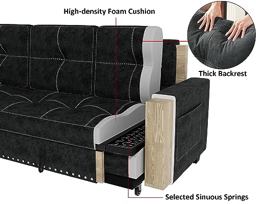 Ucloveria Reversible Sectional Sofa Couch, Sleeper Sofa Bed with Storage Chaise Pull Out Couch Bed for Living Room L-Shape Lounge 2 in 1 Sectional Couch with Pull Out Bed Black