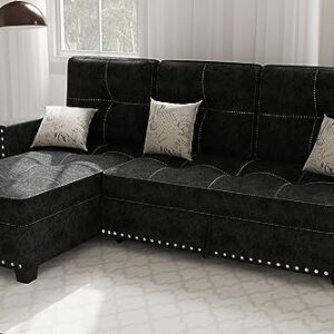 Ucloveria Reversible Sectional Sofa Couch, Sleeper Sofa Bed with Storage Chaise Pull Out Couch Bed for Living Room L-Shape Lounge 2 in 1 Sectional Couch with Pull Out Bed Black