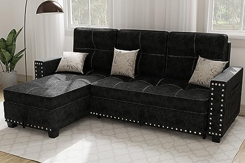 Ucloveria Reversible Sectional Sofa Couch, Sleeper Sofa Bed with Storage Chaise Pull Out Couch Bed for Living Room L-Shape Lounge 2 in 1 Sectional Couch with Pull Out Bed Black