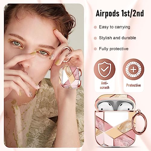 Maxjoy for AirPods 2nd Generation Case, Graceful Marble Hard Protective Shockproof Airpods Case Cover with Keychain Compatible with Apple AirPods 1st and 2nd Charging Case for Women Men,Pink Yellow