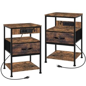 nightstands set of 2 with charging station, end table bedroom bedside table with usb ports, industrial nightstand with drawers small side table with power outlets for living room farmhouse dorm, brown