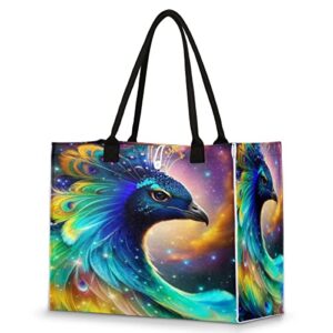 cfpolar colorful peacock reusable grocery shopping bag with hard bottom, hhqqqq large foldable multipurpose heavy duty tote with zipper pockets, sustainable, durable and eco friendly, beach bag