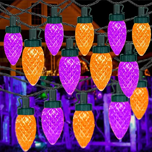 KAQ-2PK 100 LED 66ft Extendable C9 Halloween String Lights, Outdoor Halloween Tree Lights Green Wire for Patio Christmas Trees Fall Lights Halloween Decorations (Orange and Purple)