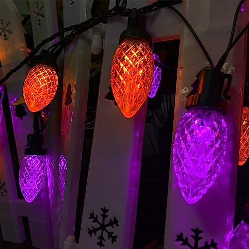 KAQ-2PK 100 LED 66ft Extendable C9 Halloween String Lights, Outdoor Halloween Tree Lights Green Wire for Patio Christmas Trees Fall Lights Halloween Decorations (Orange and Purple)