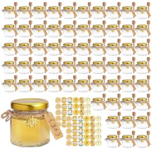 60 pack mini honey jars 1.5 oz glass honey jars with wooden dippers,bee charms,thank you cards,jutes and stickers, hexagon small honey jars with dipper party favors in bulk for baby shower favors wedd