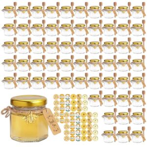 60 Pack Mini Honey Jars 1.5 Oz Glass Honey Jars with Wooden Dippers,Bee Charms,Thank You Cards,Jutes And Stickers, Hexagon Small Honey Jars with Dipper Party Favors in Bulk For Baby Shower Favors Wedd