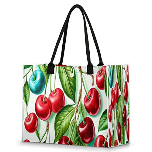 cfpolar Cherry Reusable Grocery Shopping Bag with Hard Bottom, QQQBQQ Large Foldable Multipurpose Heavy Duty Tote with Zipper Pockets, Sustainable, Durable and Eco Friendly, Beach Bag