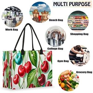 cfpolar Cherry Reusable Grocery Shopping Bag with Hard Bottom, QQQBQQ Large Foldable Multipurpose Heavy Duty Tote with Zipper Pockets, Sustainable, Durable and Eco Friendly, Beach Bag