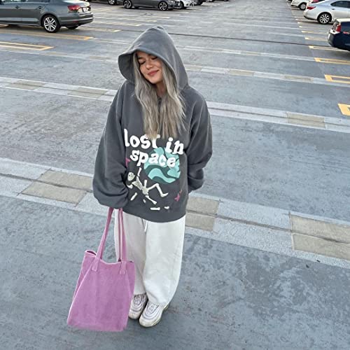 Y2K Skeleton Hoodie Women Pullover Letter Print Graphic Oversized Jacket Men Vintage Fashion Sweater Street Sweatshirt(M, Grey,Thick Clothing)