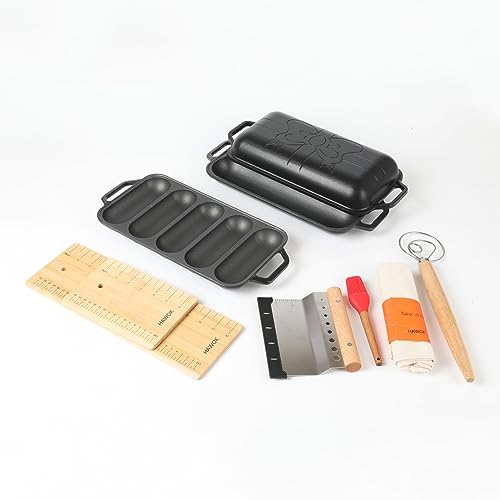 HAWOK Enameled Cast Iron French Baguette Baker, Hot Dog Bake Tray, Baguette Pan, 1 Lid-2 Baking Trays-2 Baguette Transfer Boards-1 Proofing Cloth-1 Silicone Brush-1 Dough Whisk-1 Dough Chopper, Balck