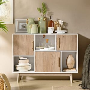 cozy castle 6-cube bookcase with doors, free standing sideboard buffet storage cabinet, mid century cabinet with storage, 6 cube storage organizer for living room, bedroom, hallway, white and oak