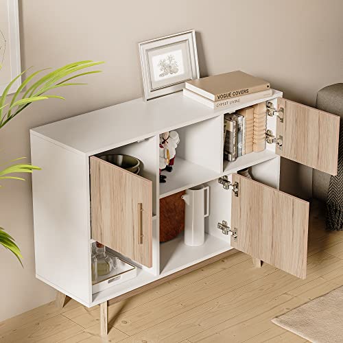 Cozy Castle 6-Cube Bookcase with Doors, Free Standing Sideboard Buffet Storage Cabinet, Mid Century Cabinet with Storage, 6 Cube Storage Organizer for Living Room, Bedroom, Hallway, White and Oak