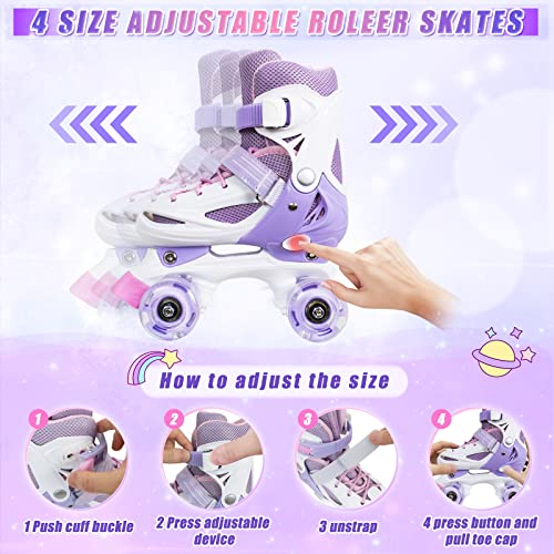 Roller Skates for Girls Boys Kids, 4 Sizes Adjustable Toddler Roller Skates Shoes with Light up, All 8 Wheels of Girl's Skates Shine, Safe and Fun - Best Birthday Gift for Indoor Outdoor Sports