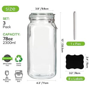 EkkoVla 78oz Glass Jars with Airtight Lids, Set of 3 Large Food Storage Containers, Square Glass Canisters for Pasta, Coffee, Candy, Flour, Cereal, Dog Treats, Snacks