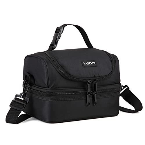 VASCHY Lunch Box Bag Men, Insulated Two Compartments Bento Cooler Bags for Adults/Women/Kids for School,Daycare,Kindergarten,Picnic Black