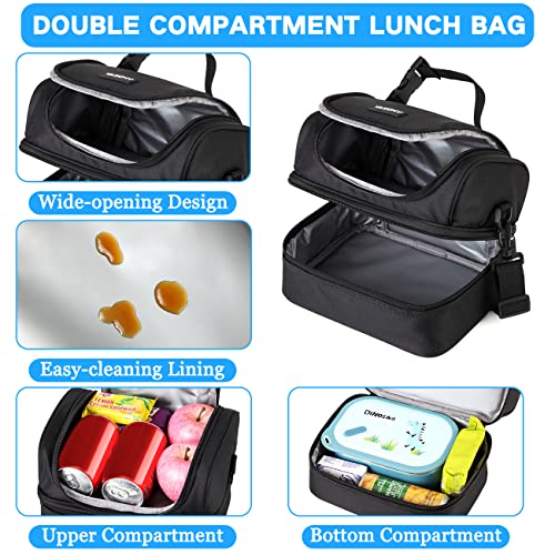 VASCHY Lunch Box Bag Men, Insulated Two Compartments Bento Cooler Bags for Adults/Women/Kids for School,Daycare,Kindergarten,Picnic Black