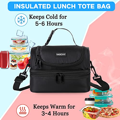 VASCHY Lunch Box Bag Men, Insulated Two Compartments Bento Cooler Bags for Adults/Women/Kids for School,Daycare,Kindergarten,Picnic Black