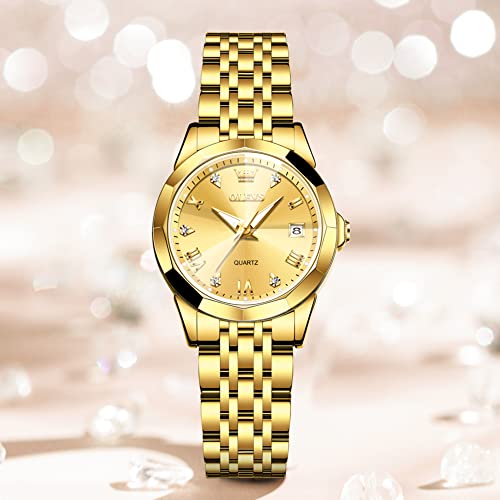 Gold Watches for Women Diamond Face Quartz Stainless Steel Slim Mini Watches Lady Roman Numeral Water Resistant Dainty Female Bracelet Watches Small Wrist Luxury Women Golden Watch Wedding Easy Reader