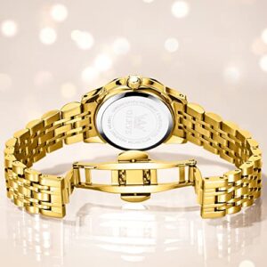 Gold Watches for Women Diamond Face Quartz Stainless Steel Slim Mini Watches Lady Roman Numeral Water Resistant Dainty Female Bracelet Watches Small Wrist Luxury Women Golden Watch Wedding Easy Reader