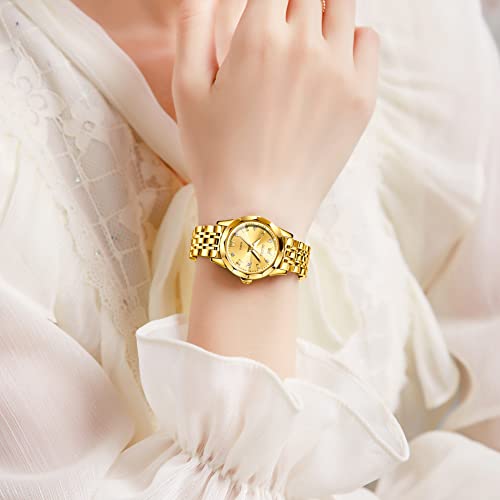 Gold Watches for Women Diamond Face Quartz Stainless Steel Slim Mini Watches Lady Roman Numeral Water Resistant Dainty Female Bracelet Watches Small Wrist Luxury Women Golden Watch Wedding Easy Reader