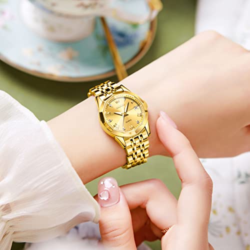 Gold Watches for Women Diamond Face Quartz Stainless Steel Slim Mini Watches Lady Roman Numeral Water Resistant Dainty Female Bracelet Watches Small Wrist Luxury Women Golden Watch Wedding Easy Reader