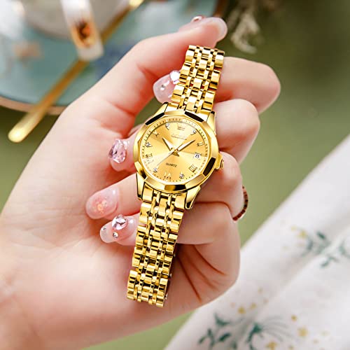 Gold Watches for Women Diamond Face Quartz Stainless Steel Slim Mini Watches Lady Roman Numeral Water Resistant Dainty Female Bracelet Watches Small Wrist Luxury Women Golden Watch Wedding Easy Reader