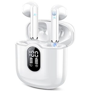 aptkdoe wireless earbuds, bluetooth 5.3 headphones with hi-fi stereo clear call mic, 30 hrs playtime bluetooth earbuds touch control with led display, ipx7 waterproof earphones for ios android white