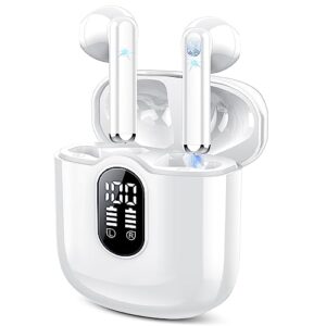 Aptkdoe Wireless Earbuds, Bluetooth 5.3 Headphones with Hi-Fi Stereo Clear Call Mic, 30 Hrs Playtime Bluetooth Earbuds Touch Control with LED Display, IPX7 Waterproof Earphones for iOS Android White