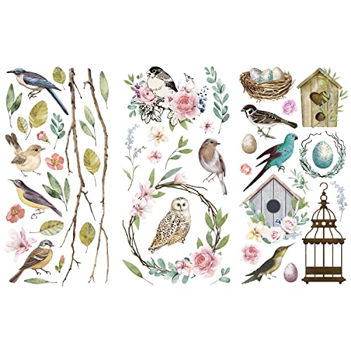 GLOBLELAND 3 Sheets Spring Bird Transfer Stickers Birdcage Rub on Decor Transfers Sticker Decals for Cabinet Wood Door DIY Craft