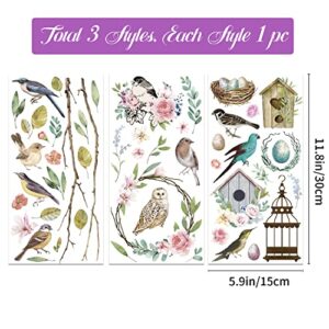 GLOBLELAND 3 Sheets Spring Bird Transfer Stickers Birdcage Rub on Decor Transfers Sticker Decals for Cabinet Wood Door DIY Craft