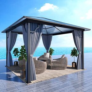 gartoo 10'x10' hardtop gazebo, outdoor gazebo with translucent roof, polycarbonate top aluminum frame garden tent with breathable mesh and privacy curtains for patio lawn garden backyard, gray