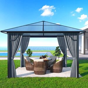 GARTOO 10'x10' Hardtop Gazebo, Outdoor Gazebo with Translucent Roof, Polycarbonate Top Aluminum Frame Garden Tent with Breathable Mesh and Privacy Curtains for Patio Lawn Garden Backyard, Gray