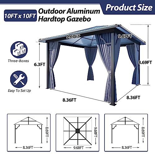 GARTOO 10'x10' Hardtop Gazebo, Outdoor Gazebo with Translucent Roof, Polycarbonate Top Aluminum Frame Garden Tent with Breathable Mesh and Privacy Curtains for Patio Lawn Garden Backyard, Gray